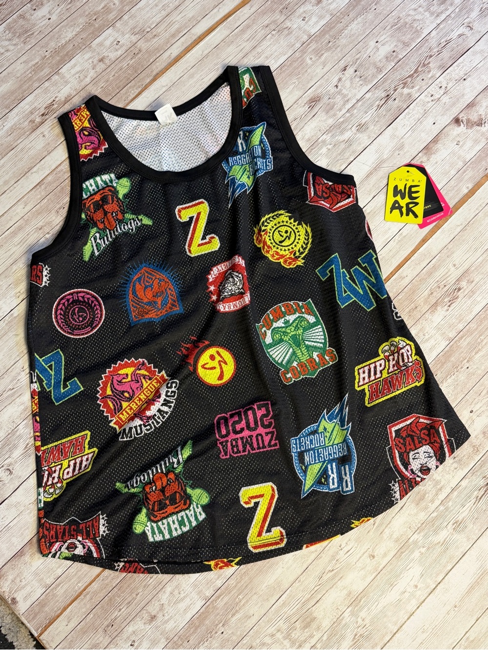 Zumba Fitness Black Mesh Jersey Tank with Neon Patch Graphics